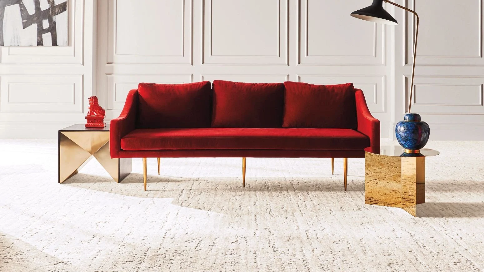 Red Couch on Nylon Carpet from Horrigan Flooring Center in Westminster